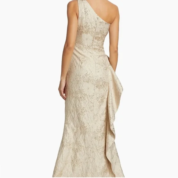 Teri Jon by Ricki Freeman One shoulder Asymmetrical Gold Dress - Picture 2 of 6